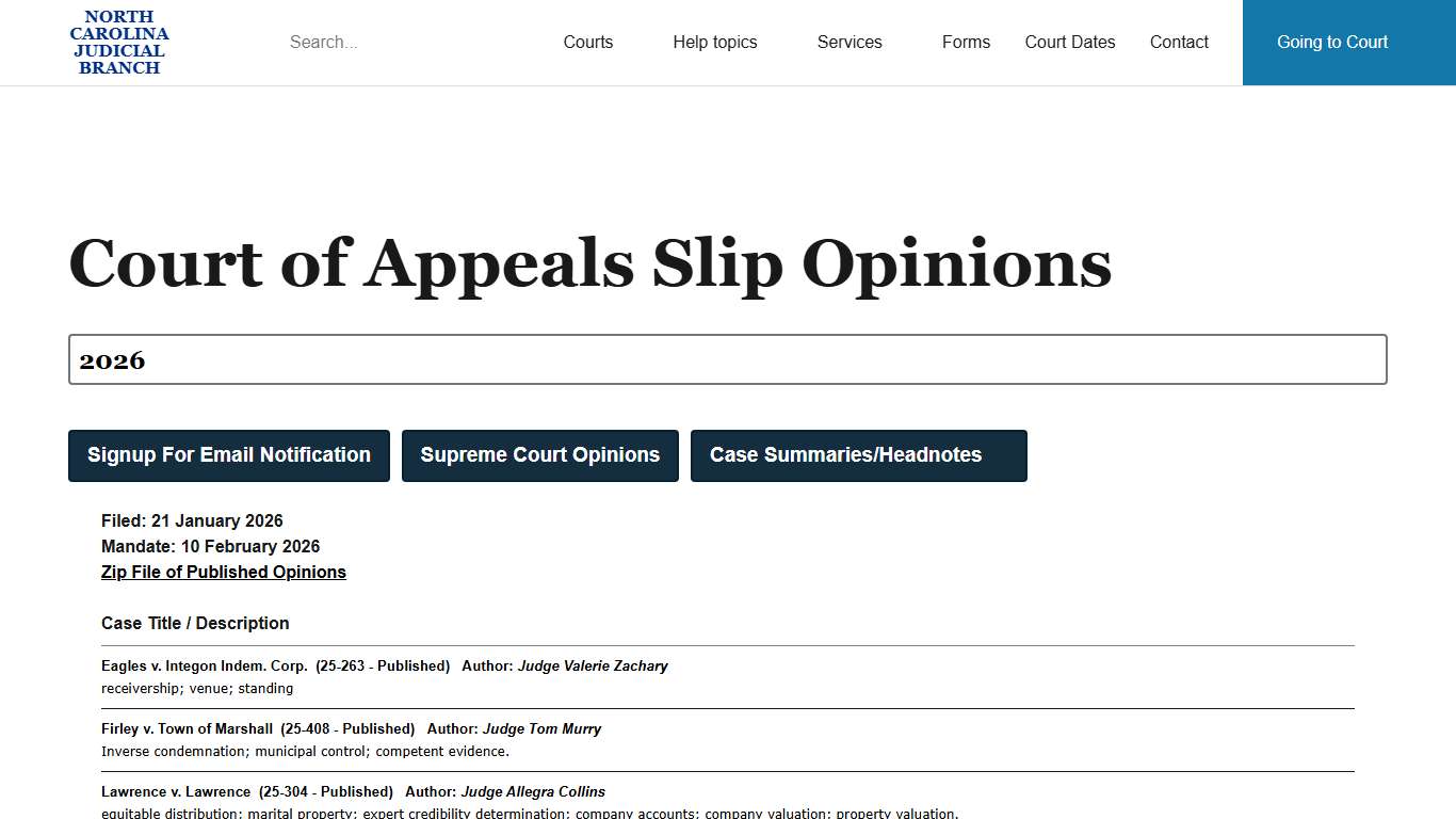 Court of Appeals Slip Opinions <select style="font-weight: bold !important;font-size: 24px !important;" onchange="window.location.assign('https://appellate.nccourts.org/opinion-filings/?c=coa&year=' + this.value)"><option value="2026" selected >2026</option><option value="2025" >2025</option><option value="2024" >2024</option><option value="2023" >2023</option><option value="2022" >2022</option><option value="2021" >2021</option><option value="2020" >2020</option><option value="2019" >2019</opti